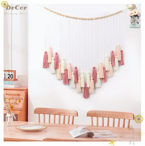 Cozy DrCor Blush Pink Boho Macrame Wall Hanging Handmade Rose Gold Tassel Decor for Nursery, Dorm, Baby Shower