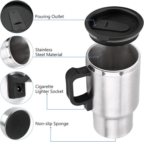 12V 450ml Stainless Steel Car Heating Cup, Electric Travel Mug for Heating Water, Coffee, Milk, Tea