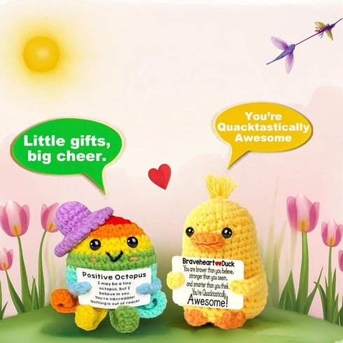 AicooFest 9pcs Positive Crochet Animals Emotional Support Plushies with Messages Positive Cat Bunny Duck Shark Employee