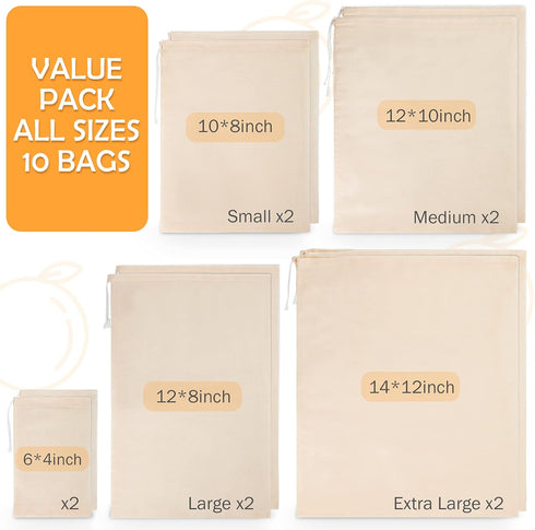 Chielor 10 Pack Nut Milk Bag, Multi-size Fine Mesh Grade Reusable Cheesecloth Bags Strainers, Unbleached Organic Cotton