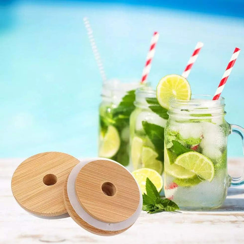 TOUSHI 4 Pcs Regular Mouth Bamboo Mason Jar Lids, Reusable Bamboo Caps with Straw Hole for Glass Canning Jars