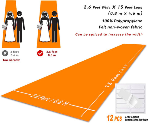 Orange Carpet Runner for Party 2.6X15 ft, 130 GSM Felt with Halloween Decorations, Double-Sided Tape for Prom