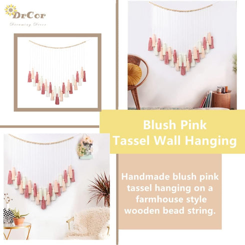 Cozy DrCor Blush Pink Boho Macrame Wall Hanging Handmade Rose Gold Tassel Decor for Nursery, Dorm, Baby Shower
