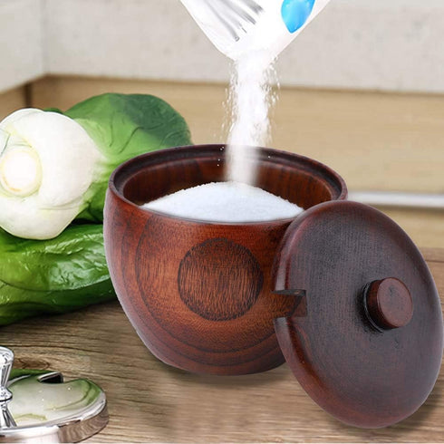 Solid Wood Jar Seasoning Pot with Spoon and Lid for Kitchen Storage Organizer