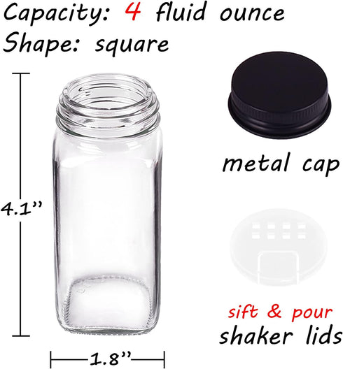 48 547 4oz Churboro Spice Jars with Labels- Glass Spice Jars with Black Metal Caps, Empty Spice Containers with Shaker