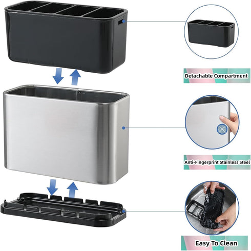 Kitchen Utensil Holder for Counter Organizer, Stainless Steel 4 Compartments Storage Caddy for Cooking