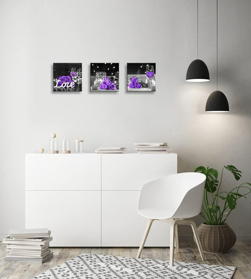 Purple Rose Flower Pictures Wall Art Decor for Kitchen, Wine Glass, Candle, Love, 3 Piece Canvas Prints Set 12x12inch