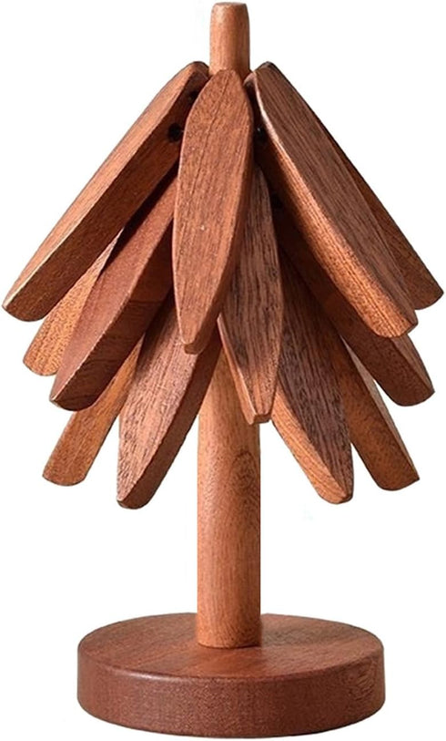 Heaocv Walnut Tree Table Mat,Wooden Table Mat Tree,Foldable Trivets for Hot Dishes,Non-Slip Heat Insulated Folding Wood