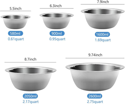 Mixing Bowl Set of 5, Stainless Steel Nesting Whisking Bowls for Cooking, Baking, and Food Prep