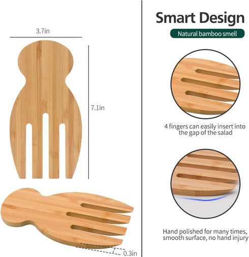 Bamboo Salad Hands, 2pcs 7.1in Bamboo Salad Server, Kitchen Helper with Smooth Surface, Salad Claws Set for Serving