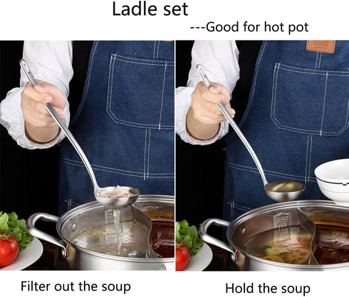Metal Soup Ladle Set of 2, 18/8 Stainless Steel Ladle Spoon and Strainer Scoop, Cooking Utensil for Kitchen