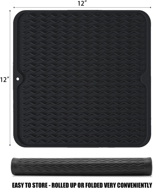 Silicone Dish Drying Mat, Non-Slip Easy Clean Sink Mat Large Heat-resistant Dish Drainer Mat for Kitchen Counter, Sink, Refrigerator or Drawer liner (12" x 12", BLACK)