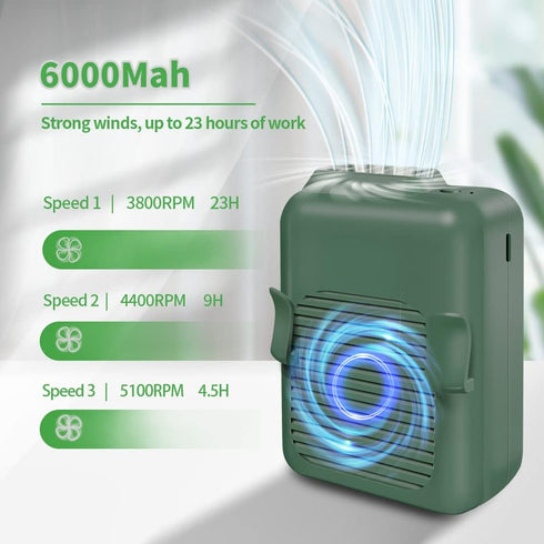 Wearable Portable Waist Clip Fan Personal Body Fan Super Powerful 6000mAh Upto 23H Long Endurance Work cooling and Heatstroke Prevention Fan (6000mAh / Green) by CAZOKASI