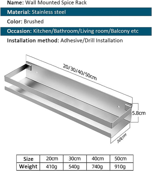 CONRUSER Wall Mounted Spice Rack, Stainless Steel Kitchen Organizer Shelves Brushed Steel Seasoning Storage Shelf