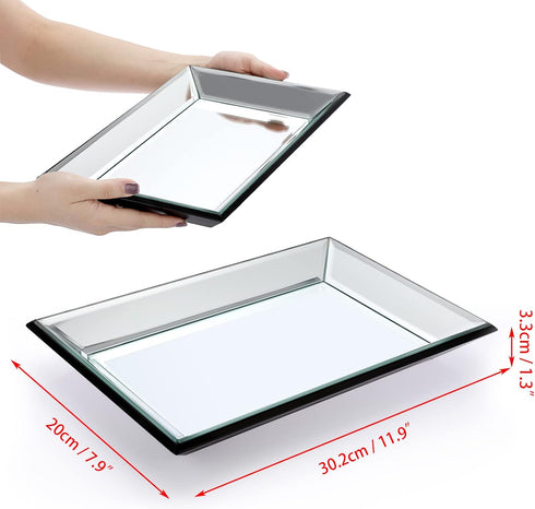 Hipiwe 11.9x7.9 inch Glass Mirror Makeup Vanity Tray Black Rectangle Perfume Jewelry Trinket Organizer Coffee Table