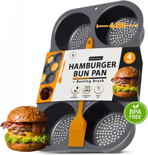 Hamburger Bun Pan Non-Stick Silicone Baking Mold, 4-in Cups, 6-Cavity Perforated - Includes Basting Brush