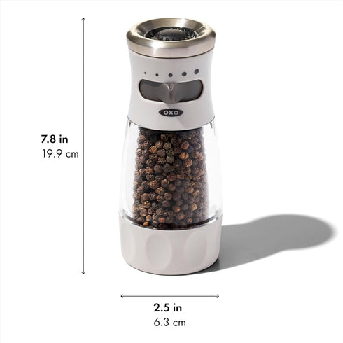 Settings, OXO Good Grips Contoured Mess-Free Pepper Grinder, Adjustable Ceramic Grinder with Five Black Pepper Mill