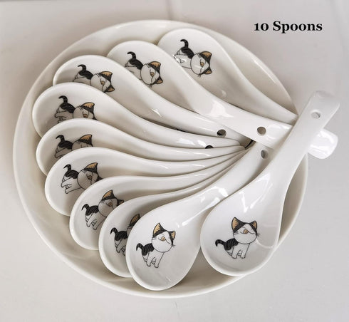 Set of 10 Asian Soup Spoons, Cat Pattern, 5.4 inch Ceramic Chinese Spoons for Ramen, Appetizers, Desserts