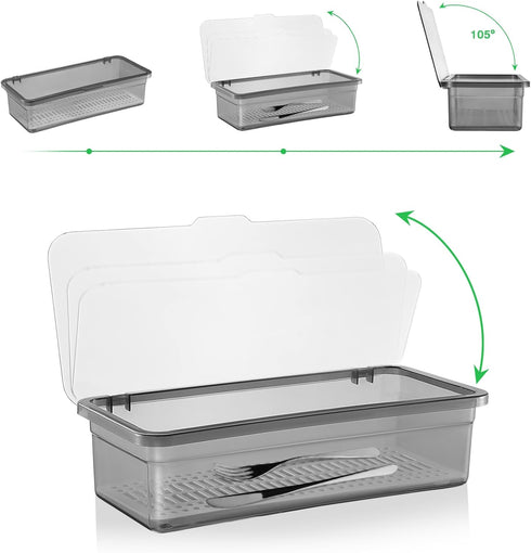 Flatware Tray Kitchen Drawer Organizer with Lid, Plastic Cutlery Tray and Utensil Storage Container with Cover,