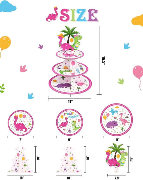 WERNNSAI Dinosaur Cupcake Stand - 3-Tier Pink Dinosaur Birthday Party Decorations for Girls, Cardboard Dessert Tower