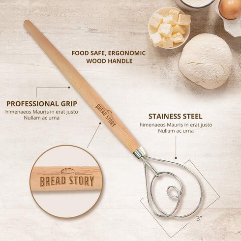 Bread Story Set of 3 Danish Whisk Dough Lame Slashing Tool and Wooden Scraper Tool for Pastry Baking