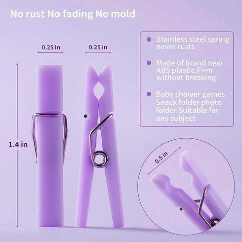 50 PCS Small Transparent Plastic Tool Paper Clips, Mini Clothespins for Party, 1.4 x 0.25 Inch (Purple)