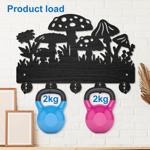 Mushroom Wall Mounted Coat Rack, Wildflower Meadow Wood Key Hooks for Wall, 11.8×7.9inch Black Key Holder Hanger Decor