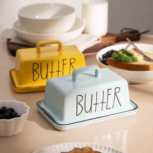 Sweejar 7.3 Inch Ceramic Butter Dish with Handle Lid, Large Porcelain Butter Keeper with Cover, Perfect for East/West