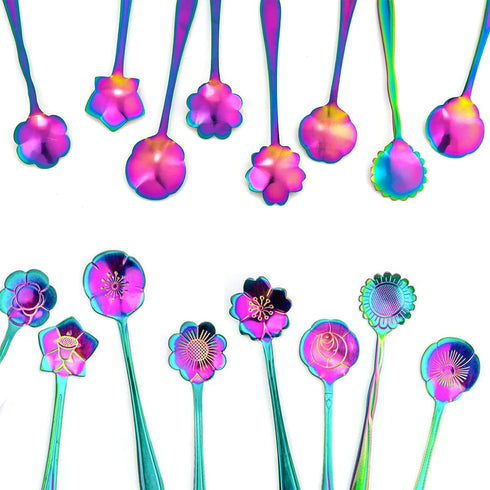 8 Pieces Rainbow Flower Spoon Set - LEEFONE Stainless Steel Reusable Tea Spoon, 8 Different Patterns