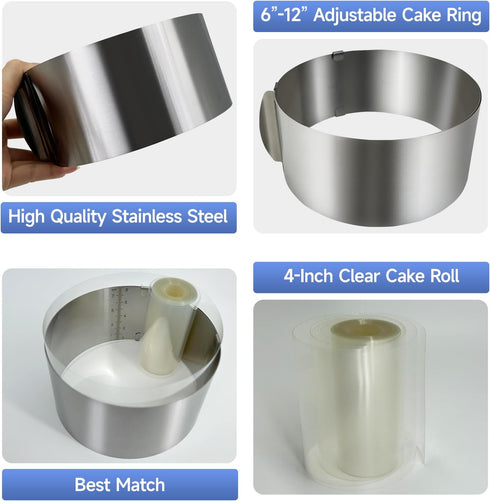 Cake Ring Mold Set, Stainless Steel Pastry Ring 6-12 Inch Adjustable Mousse Cake Mould with 4-Inch Cake Collar for Baking, Cake Decorating