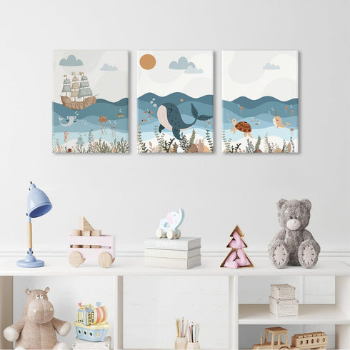 LYPHNX Set 3 12"x16" Framed Blue Ocean Nautical Nursery Canvas Wall Art Sea Turtle Whale Animal Painting Picture