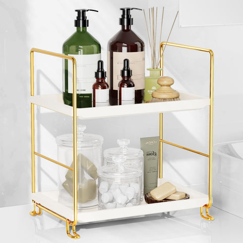 FSyueyun 2-Tier Bathroom Counter Organizer, Tool-Free Installation Makeup Skincare Shelf, Gold Vanity Stand