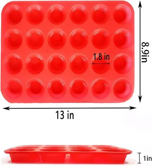 Mini Muffin &Cupcake Set, 24 Cups 2-Pieces, Nonstick Silicone Baking Pan, BPA Free and Dishwasher Safe, Great for Making Muffin Cakes, Tart, Bread (24 Cups Red,2 PCS) by JEWOSTER