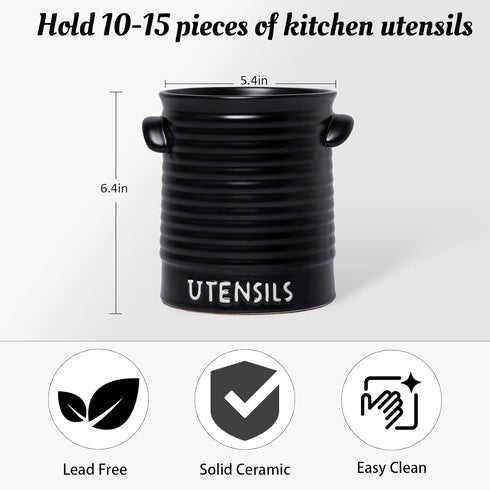 Kitchen Utensil Holder for Countertop, 6.4" Large Ceramic Crock with Cork Mat, Modern Spatula Organizer
