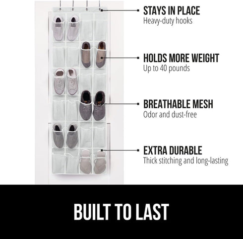GORILLA GRIP Over the Door Shoe Organizer, 24 Large Breathable Mesh Pockets, Space Saving Storage Holder, White