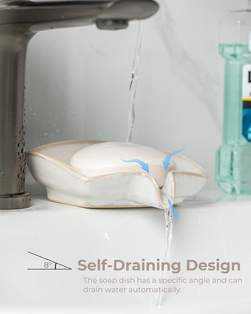 Countertop, Soap Dishes, Ceramic Shower Soap Dish with Waterfall Design Bar Soap Holder Self Draining Soap Saver