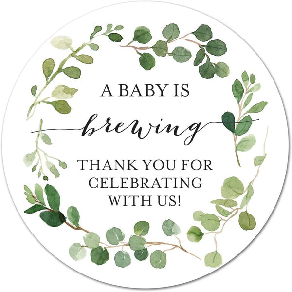 40 cnt A Baby is Brewing Greenery Eucalyptus Favor Labels