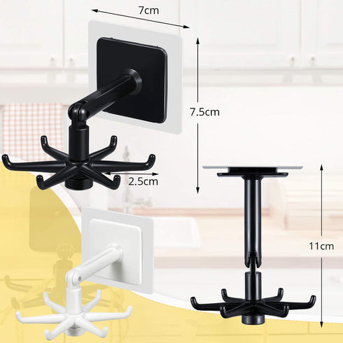 4 Pieces 360 Rotating Folding Hook, Multi-Purpose Self-Adhesive Utensil Holder with 6 Hooks for Kitchen Bathroom