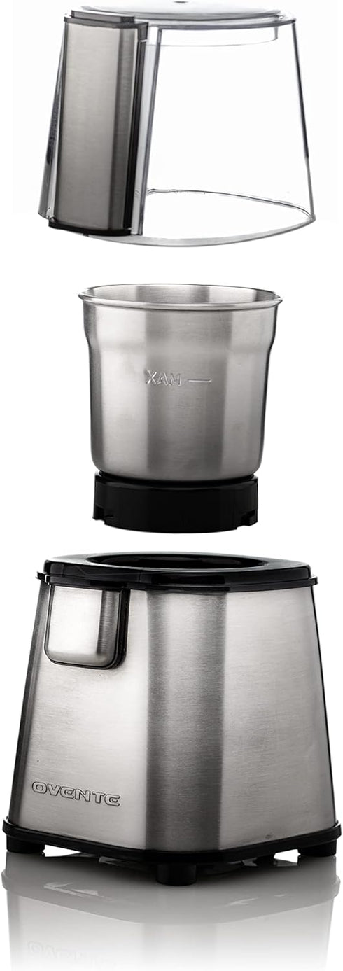 OVENTE Electric Coffee Grinder 2.1 Ounce Cup Fresh Grind with 2 Blade Stainless Steel Grinding Bowl, Fast Grinding with 200 Watt Powered Motor Perfect for Beans, Spices, Nuts, Silver CG620S by OVENTE