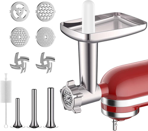 Metal Meat Grinder Attachment for KitchenAid Mixers, Includes 4 Grinding Plates, 3 Sausage Tubes