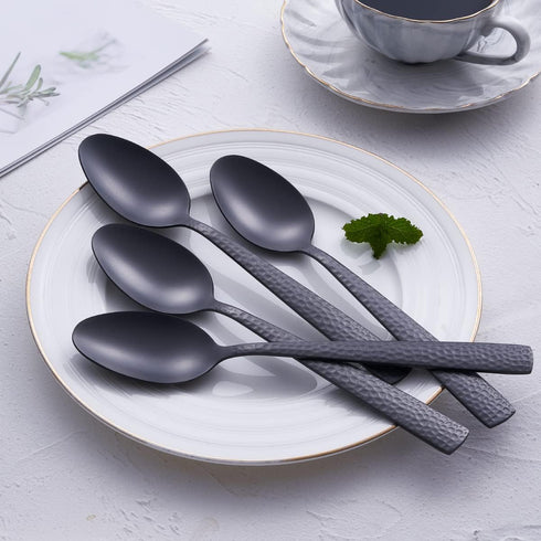 Matte Black Dinner Spoon Set of 6, FULLYWARE 8.0 inches Stainless Steel Black Silverware, Satin Finish