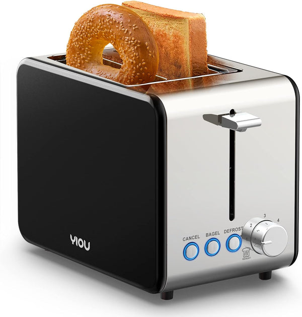 YIOU 2 Slice Stainless Steel Toaster with 1.5 Inch Extra Wide Slots, 6 Browning Settings, Removable Crumb Tray, Black