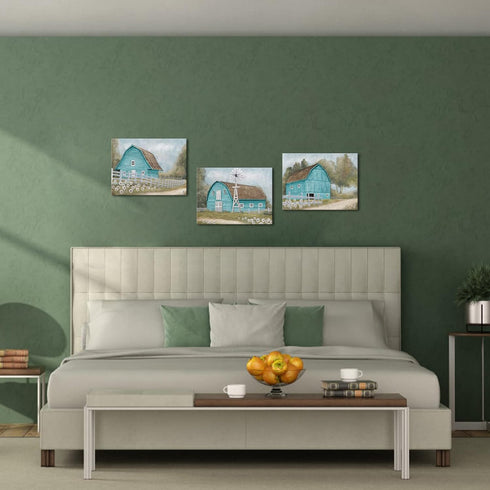 HOMEOART Farmhouse Wall Art - Country Barn Painting Picture, Framed Ready to Hang, 12x16inchx3 (Turquoise)