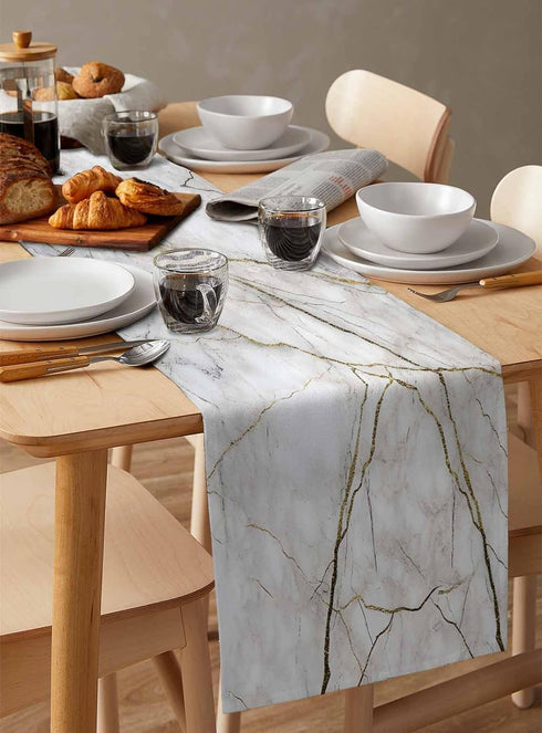 PIEPLE 36 inches Marble Table Runner-Cotton Linen-Small White Gray Gold Dresser Scarves,Texture Tablerunner for Kitchen