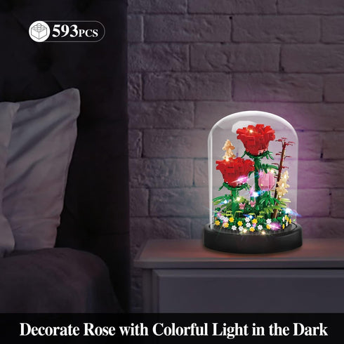 JESGO 2 Flowers Bouquet Sunflowers - Rose Building Kit, Creative Bonsai Tree Succulents Plant Blocks with LED Light