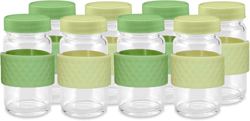 Juice Shot Containers, Glass, Clear, 2oz, Colored Lids & Silicone Grip Bands,