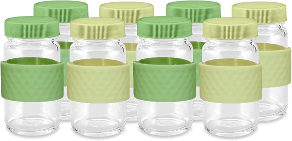 Juice Shot Containers, Glass, Clear, 2oz, Colored Lids & Silicone Grip Bands,