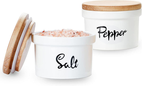 HAOTOP Salt and Pepper Bowls, 12.5 oz Ceramic Container with Wooden Lid for Countertop, Farmhouse Kitchen Decor
