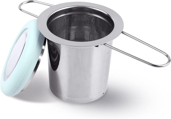 Fenshine Stainless Steel Tea Infuser, Folding Handle Extra Fine Mesh Strainer for Loose Leaf Tea (Light Blue)