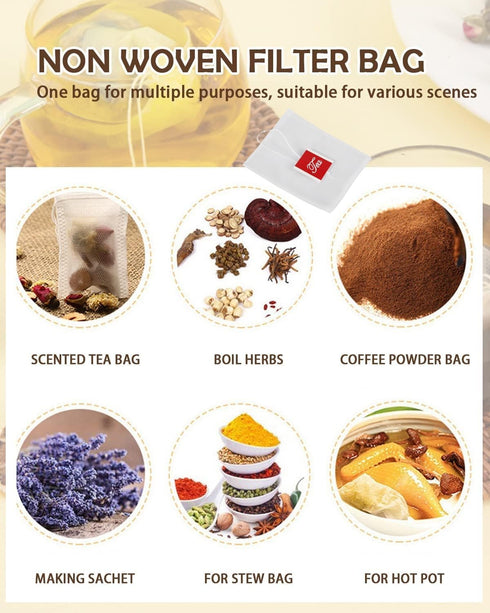 100Pcs Tea Filter Bag, Nylon Empty Infuser Strainer Bags with Drawstring for Loose Leaf Tea, Coffee, Herbs